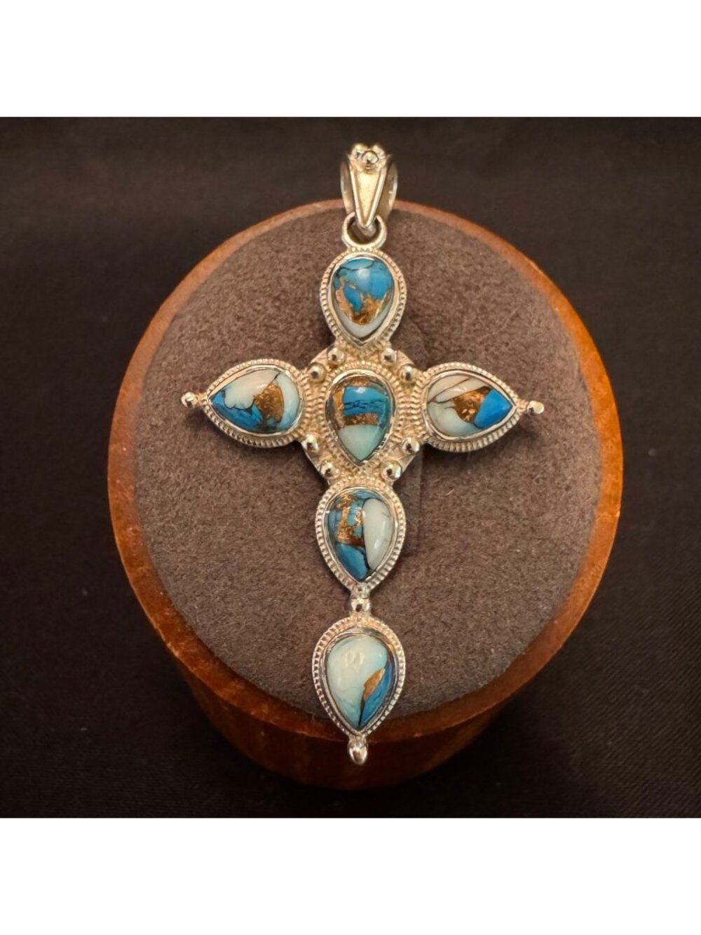 Sterling Silver 925 Copper Turquoise Bezel Set Cross Pendant Size 2" Length